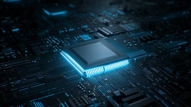 Close up of a glowing blue central processing unit on a dark circuit board illuminated design
