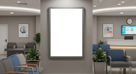 A waiting room with empty chairs and a blank poster in the center, suitable for advertising or information display.