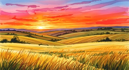 Obraz premium Watercolor painting of a field with rolling hills and a vibrant sunset creating a serene landscape