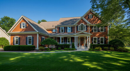Large traditional suburban house with wood siding and manicured lawn