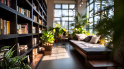 Fototapeta premium Blurred view of a modern home library with dark wooden bookshelves filled with books and green plants.