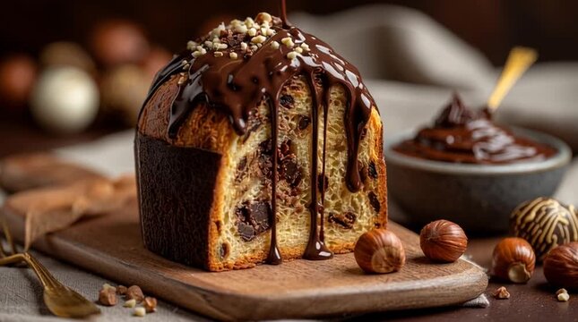 Close up of sliced panettone with chocolate glaze and hazelnuts on a wooden board for dessert treat