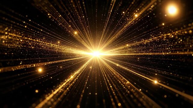 Golden light streaks emanating from bright source point, creating dynamic converging perspective, particle and bokeh effects on dark backdrop
