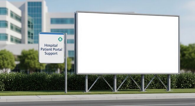 A blank billboard stands in front of a hospital building, next to a sign for the hospital's patient portal and support.