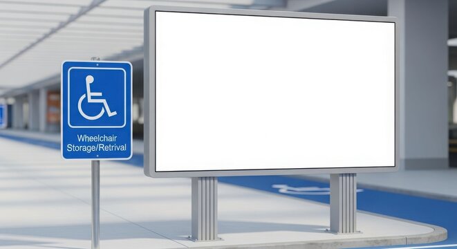 A blank billboard stands next to a wheelchair storage and retrieval sign in an urban environment, ready for advertising.