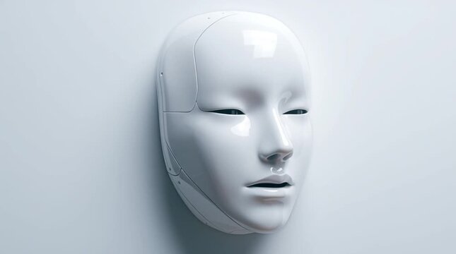 Close up shot of a white plastic face mask with dark eye sockets on a white background surface