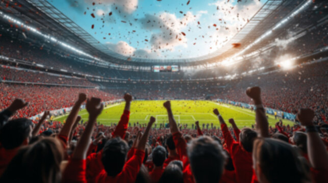 A blurry image of a football stadium filled with cheering fans in red uniforms, with a bright green lawn in the background.