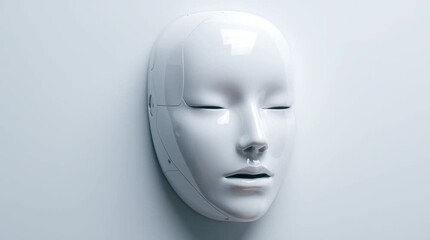 A stark white theatrical mask with dark eye sockets and mouth on a light background surface area - Powered by Adobe