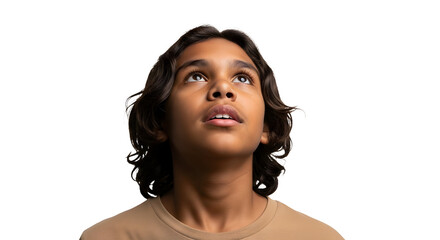 Young Boy Looking Up Thinking Hopeful Future Aspiration Belief Concept