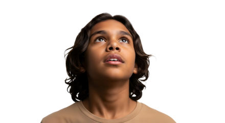 Young Boy Looking Up Thinking Hopeful Future Aspiration Belief Concept