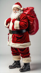Joyful Santa Claus with gift bag, classic red suit and white beard, festive Christmas portrait full of holiday warmth and cheerful spirit