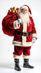 Joyful Santa Claus with gift bag, classic red suit and white beard, festive Christmas portrait full of holiday warmth and cheerful spirit