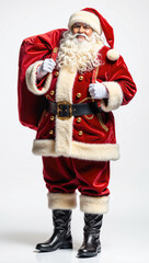 Joyful Santa Claus with gift bag, classic red suit and white beard, festive Christmas portrait full of holiday warmth and cheerful spirit