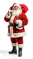 Joyful Santa Claus with gift bag, classic red suit and white beard, festive Christmas portrait full of holiday warmth and cheerful spirit