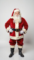 Joyful Santa Claus with gift bag, classic red suit and white beard, festive Christmas portrait full of holiday warmth and cheerful spirit