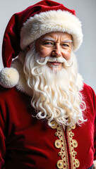 Joyful Santa Claus with gift bag, classic red suit and white beard, festive Christmas portrait full of holiday warmth and cheerful spirit