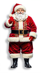 Joyful Santa Claus with gift bag, classic red suit and white beard, festive Christmas portrait full of holiday warmth and cheerful spirit