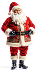 Joyful Santa Claus with gift bag, classic red suit and white beard, festive Christmas portrait full of holiday warmth and cheerful spirit