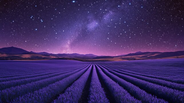 Stunning lavender fields stretch towards rolling hills under a vibrant starry night sky, evoking tranquility and natural beauty for a peaceful escape.