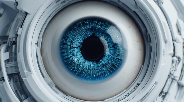 Close up of a robotic eye with a blue iris surrounded by white mechanical components and structures
