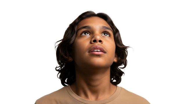 Young Boy Looking Up Thinking Hopeful Future Aspiration Belief Concept