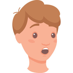 Surprised Young Boy Face with Open Mouth and Wide Eyes Expressing Shock and Astonishment with Brown Hair and Peach Skin on Transparent Background