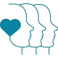 Teal Heart Symbolizing Love and Compassion Beside Three Outline Human Profiles in Profile View Against a Transparent Background