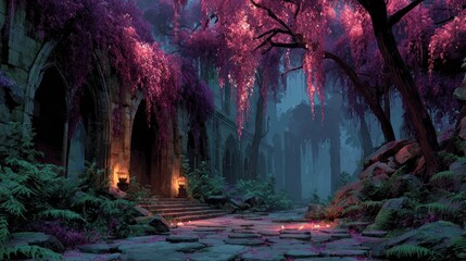 Enchanting Ruins of a Mystical Forest Path at Twilight