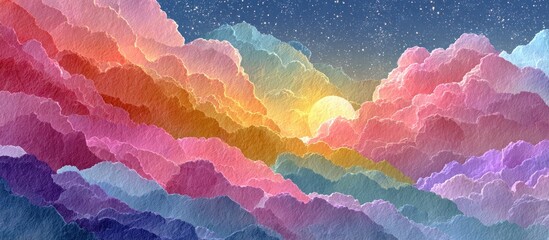 Vibrant cloudscape at sunrise/sunset, layered with pastel hues and speckled with stars