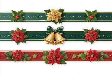 3 christmas ribbon designs with holly leaves, poinsettia, and golden bells in a vector illustration set, isolated on a white background, Generative AI.