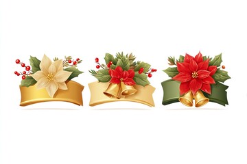 3 christmas ribbon designs with holly leaves, poinsettia, and golden bells in a vector illustration set, isolated on a white background, Generative AI.
