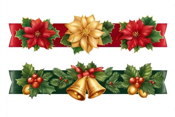 3 christmas ribbon designs with holly leaves, poinsettia, and golden bells in a vector illustration set, isolated on a white background, Generative AI.