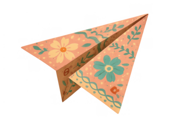 Hand-painted paper airplane with folk art floral pattern, symbolizing travel, dreams, and childhood memories, transparent