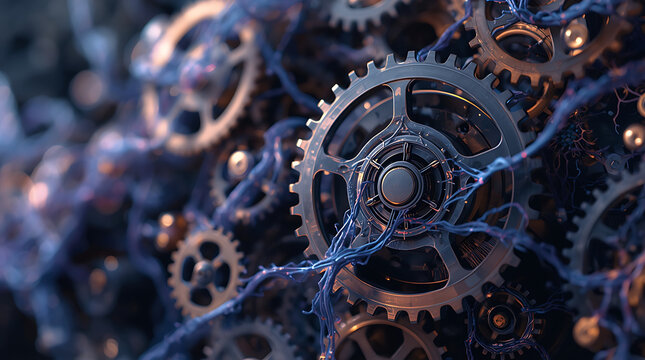 A creative abstract background featuring intertwining gears and neural pathways.