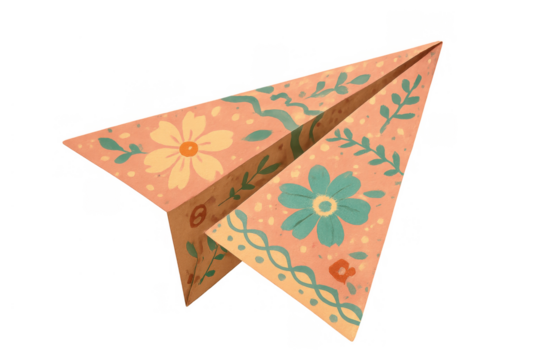 Hand-painted paper airplane with folk art floral pattern, symbolizing travel, dreams, and childhood memories, transparent - Powered by Adobe