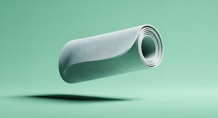a light green yoga mat is rolled up on the ground, floating in mid-air, Generative AI.