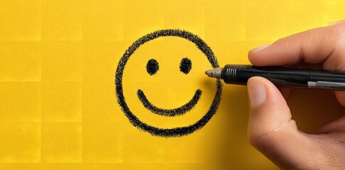 a hand-drawn simple smiley face on a yellow background with copy space, conveying a positive expression, Generative AI.