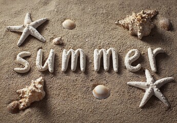 "Summer" written in the sand with starfish and shells, summer concept, top view, Generative AI.