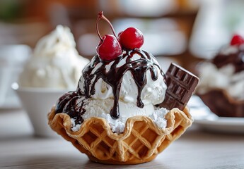 Sundae bowl with ice cream, chocolate sauce and cherry in waffle cup on table at cafe . summer food concept, Generative AI.
