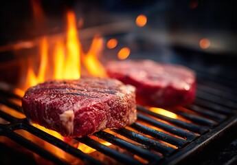 two raw ribeye steaks on the grill with flames, high-resolution photography, Generative AI.