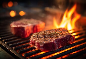 two raw ribeye steaks on the grill with flames, high-resolution photography, Generative AI.