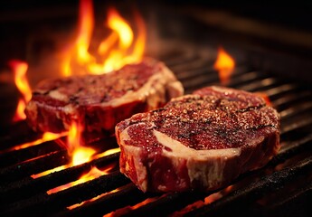 two raw ribeye steaks on the grill with flames, high-resolution photography, Generative AI.