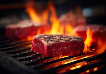 two raw ribeye steaks on the grill with flames, high-resolution photography, Generative AI.