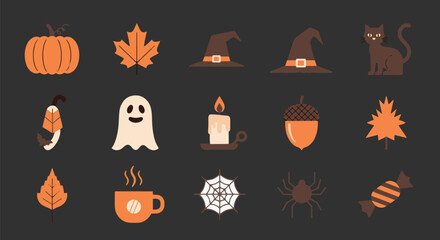 A collection of Halloween-themed vector icons, including pumpkins, ghosts, witches hats, black cats, and other spooky elements for festive designs.