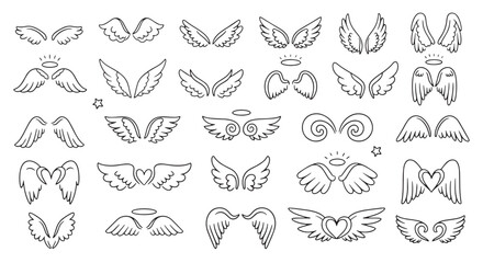 A set of various hand-drawn angel wings, showcasing different styles and designs, perfect for illustrations and graphic design projects.