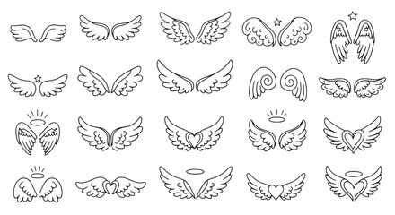A set of hand-drawn angel wings and halos in a simple line art style, perfect for spiritual or design projects.