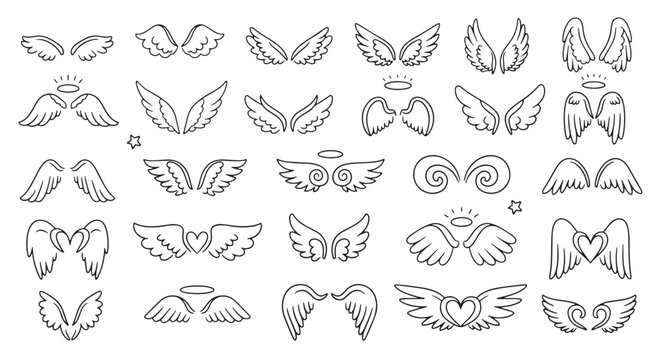 A set of various hand-drawn angel wings, showcasing different styles and designs, perfect for illustrations and graphic design projects.