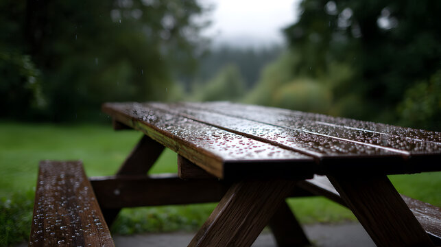 Rainy Day Picnic: A wooden picnic table glistens with raindrops, set against a blurred background of green foliage. Evokes a sense of calm contemplation.