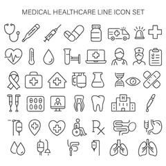 Medical healthcare line icon set. Vector pictograms of stethoscope, thermometer, syringe, pill, medicine, emergency, cross, heart, blood test, ambulance, bed, telehealth, thin linear vector art design