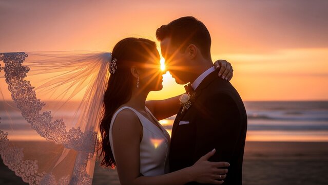 ウェディングフォト　新郎新婦　結婚　夕焼け　海